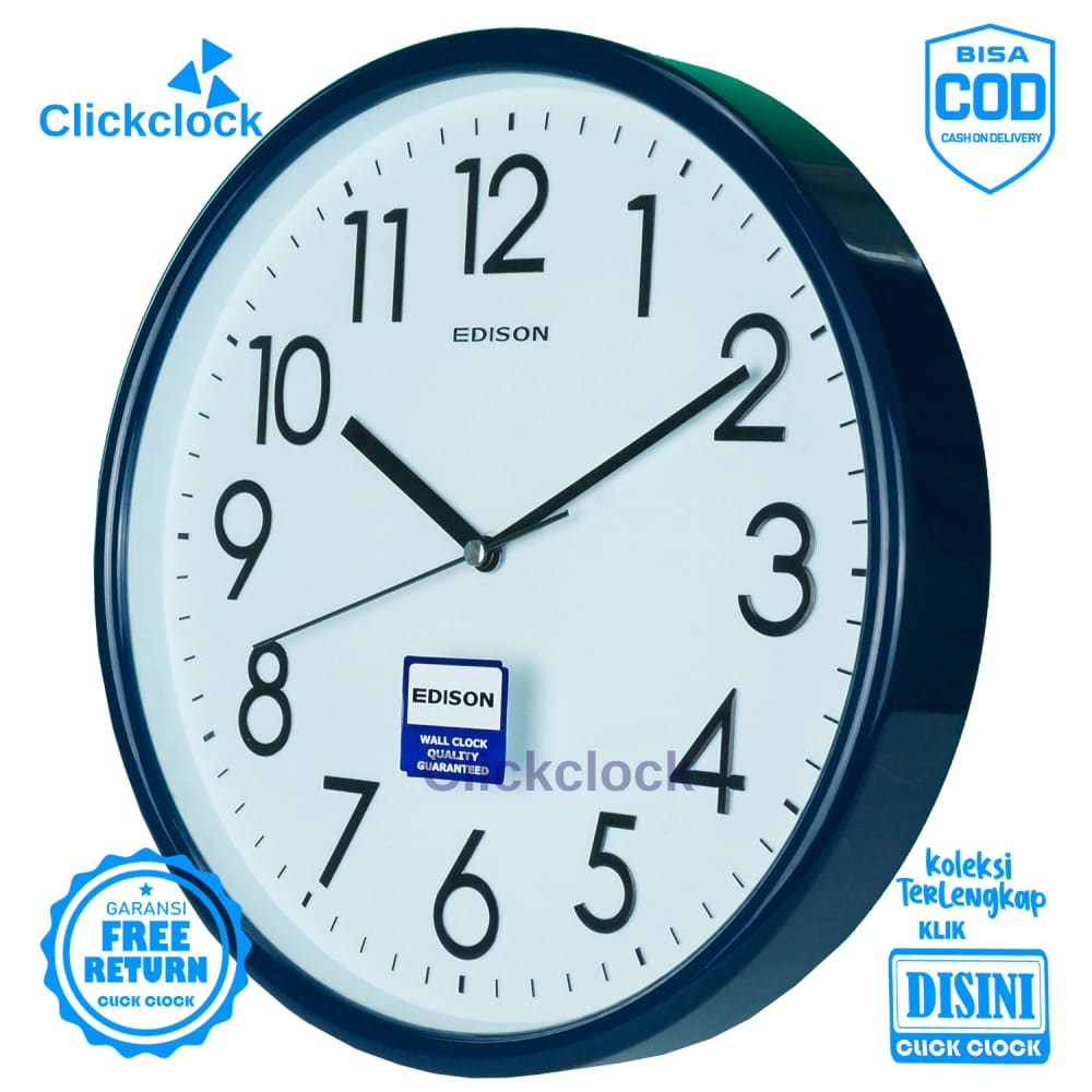 Jam Dinding Analog Minimalis Biru Tua Putih Edison EDW 315 -T5 Besar Hiasan Dinding Murah