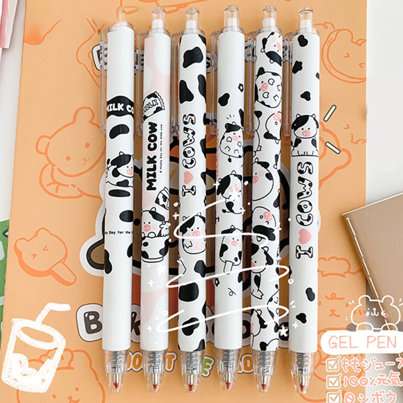 6pcs Pulpen Gel 0.5mm Motif Kartun Sapi Tinta Hitam