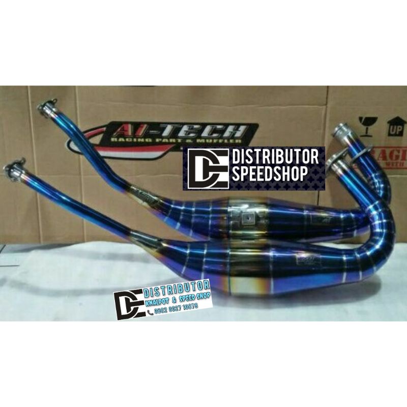 Perut Gembung leher knalpot ninja 2 tak aitech Original Bluemoon biru pelangi & Stainles ORI & Custo