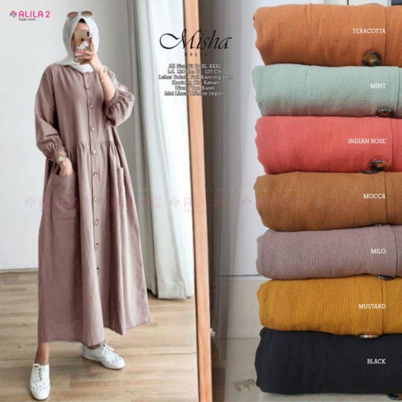 MISHA DRESS MIDI ALILA / MISHA 1 2 MIDI DRESS KATUN LINEN CRINKLE IMPORT LD120 JUMBO LONGTUNIK GAMIS