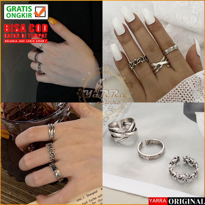 SET 3PCS CINCIN WANITA TITANIUM KOREA AKSESORIS ANAK PEREMPUAN GAYA HIP HOP RING SIMPLE ELEGANT IMPORT CNC7