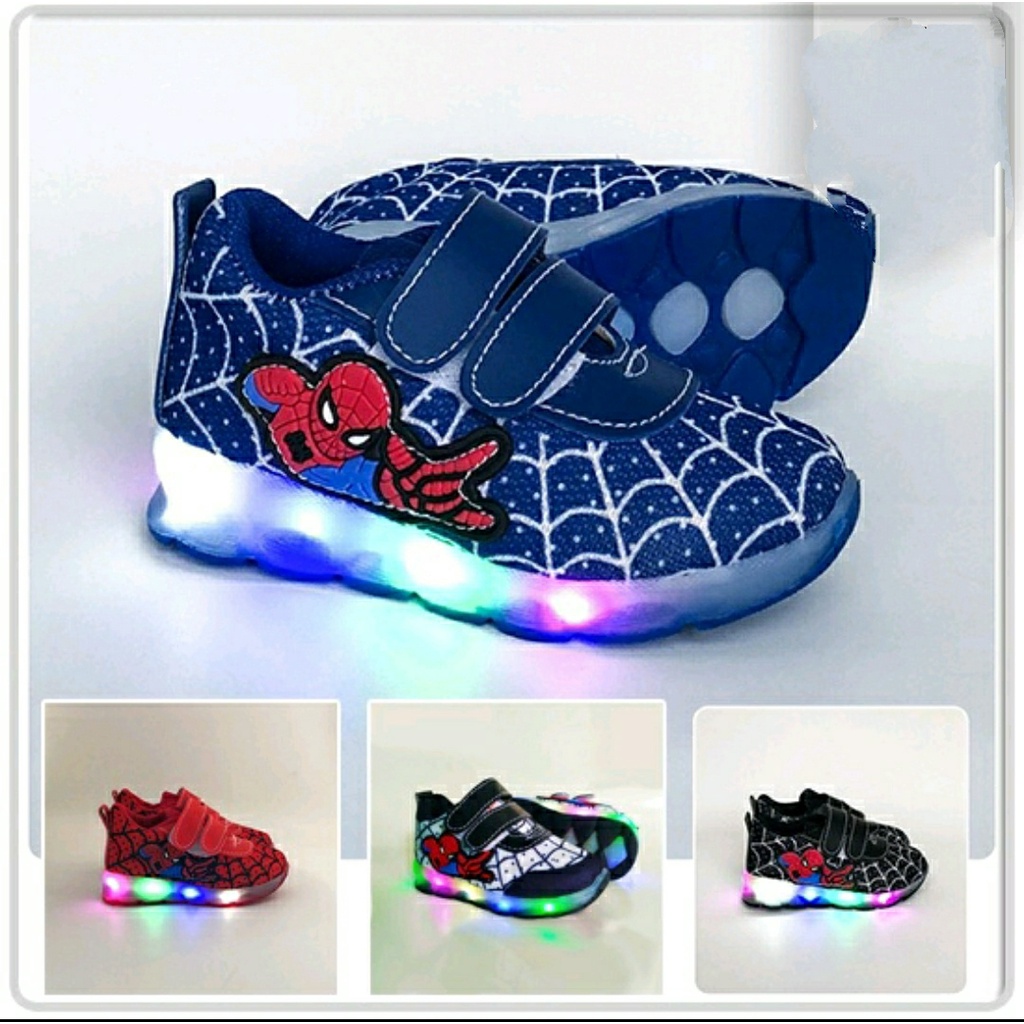 Sepatu Kets Sneakers Spiderman Anak Laki-Laki Lampu LED Nyala/ Sepatu Sport Kids Anak Cowok 1 2 3 4 