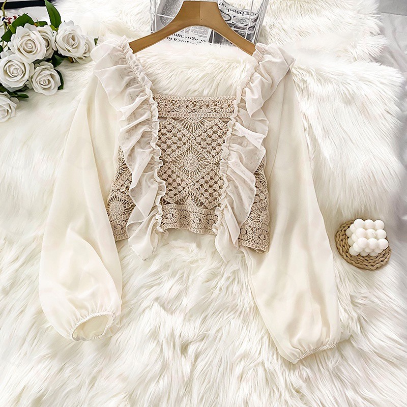 【COD√】#004 Kemeja Wanita Model Hollow Dan Ruffle Lengan Puff Dengan Kerah Persegi-3