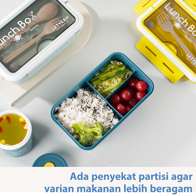 Letyeah &amp; Kaizenliving Kotak Makan Anak 3 Grid 1400ML Lunch Box Anti Tumpah Free Sendok Tempat Bekal Murah