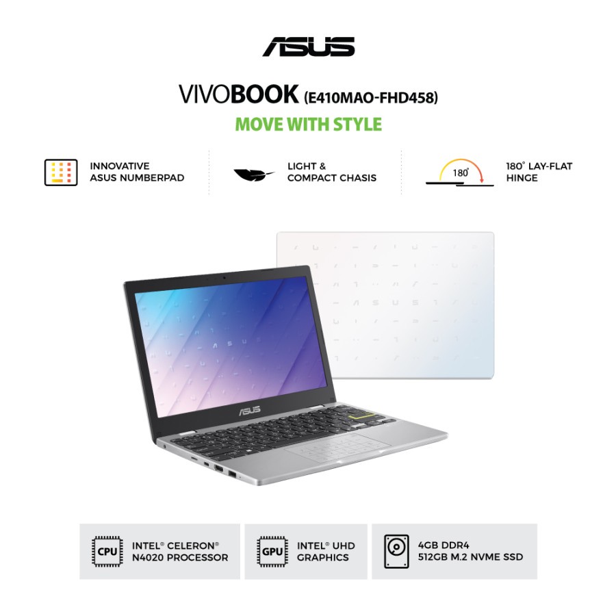 Asus Vivobook E410MAO Celeron N4020 4GB DDR4 512GB SSD 14&quot;FHD W11 OHS