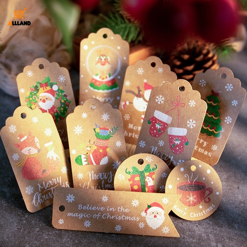 Retro Merry Christmas Kraft Paper Tags Cards/ Painted Snowflake Santa Tag Cards with Rope