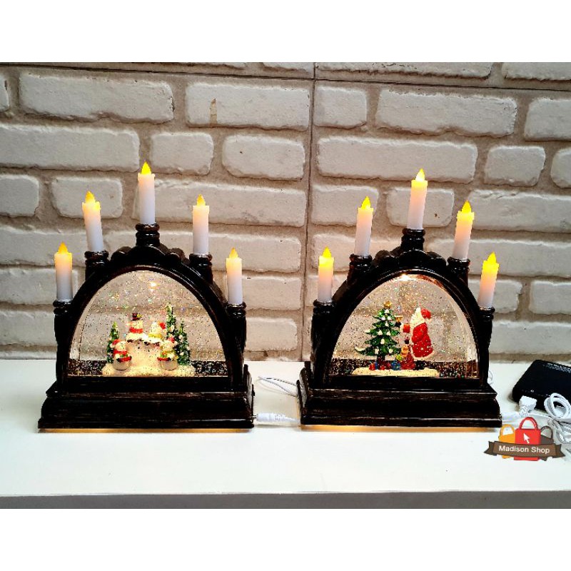 Lentera 5 Lilin Natal Snow Kotak Musik Globe Kado Hadiah Dekorasi Natal Snowglobe Santa Snowman