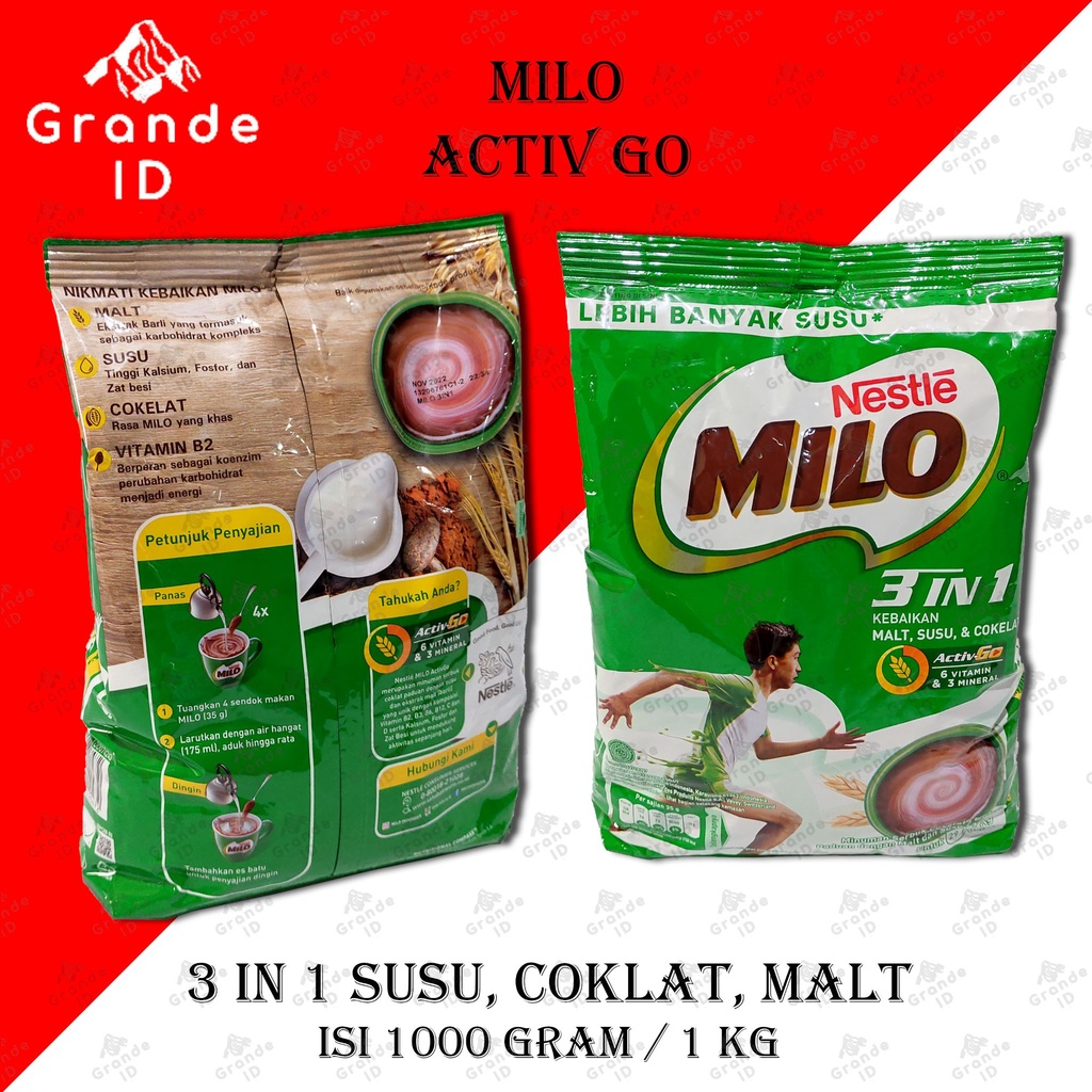 

MILO 1 KG ACTIV GO 3 IN 1 SUSU COKLAT MALT ISI 1000 GRAM NESTLE MILO