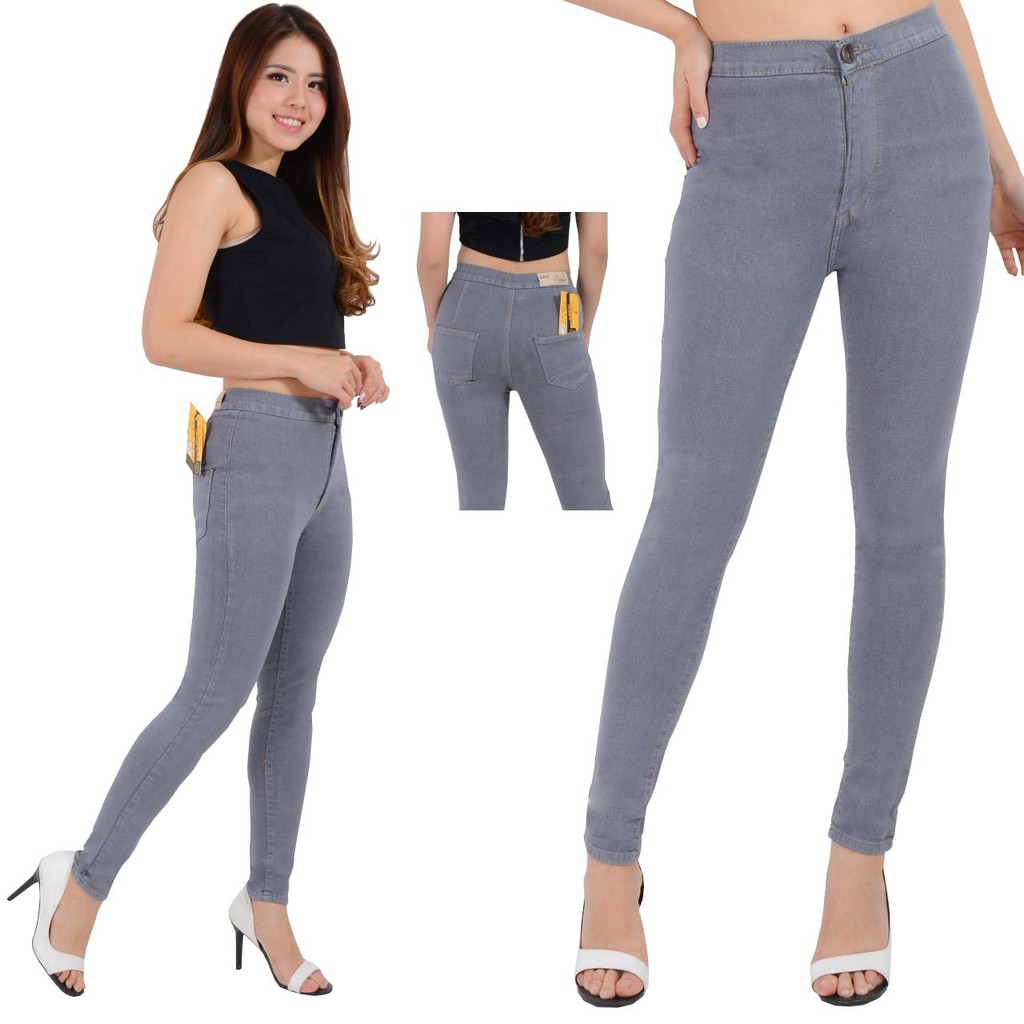 NHM HW Jeans Gray Keziya, Celana Highwaist Jeans Bahan Tebal