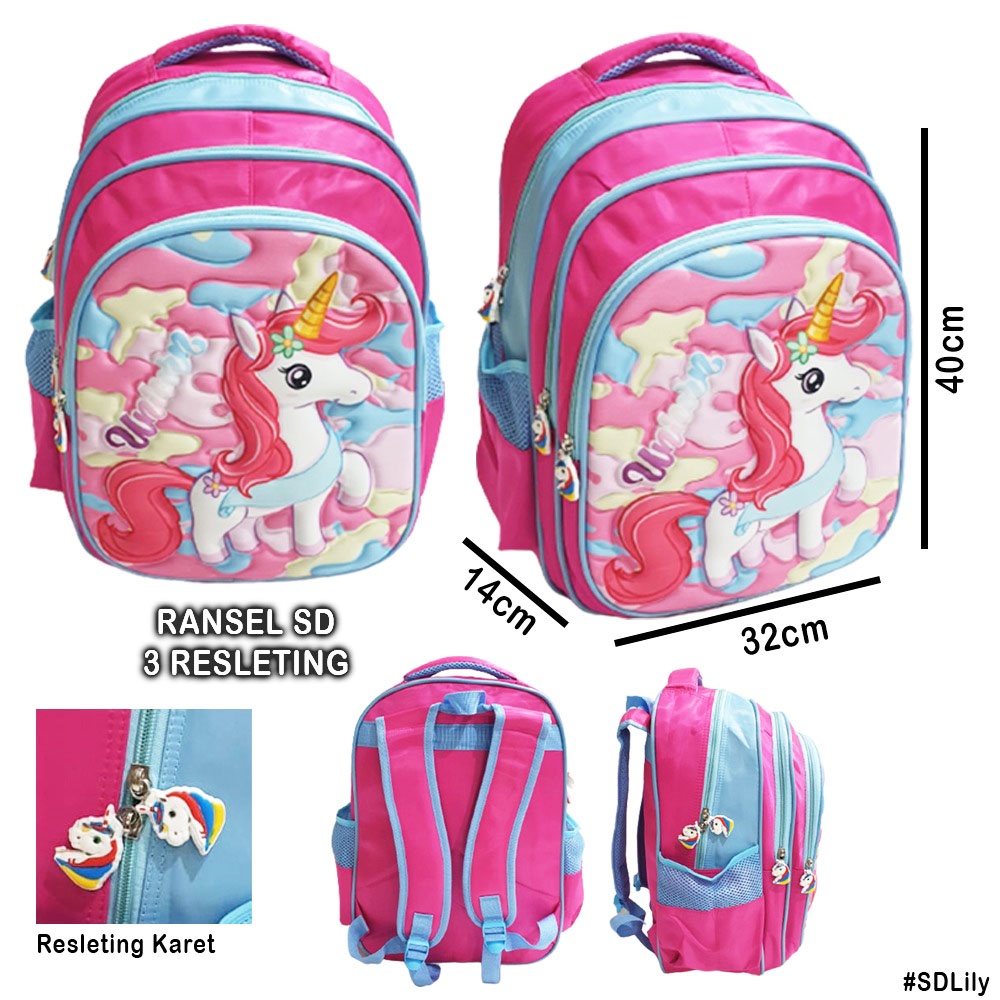 FREE RAIN COVER TAS RANSEL ANAK SEKOLAH SD PEREMPUAN Gambar Kuda Pony LILY EMBOS TIMBUL 3Resleting IMPORT ( Lily 16&quot; )