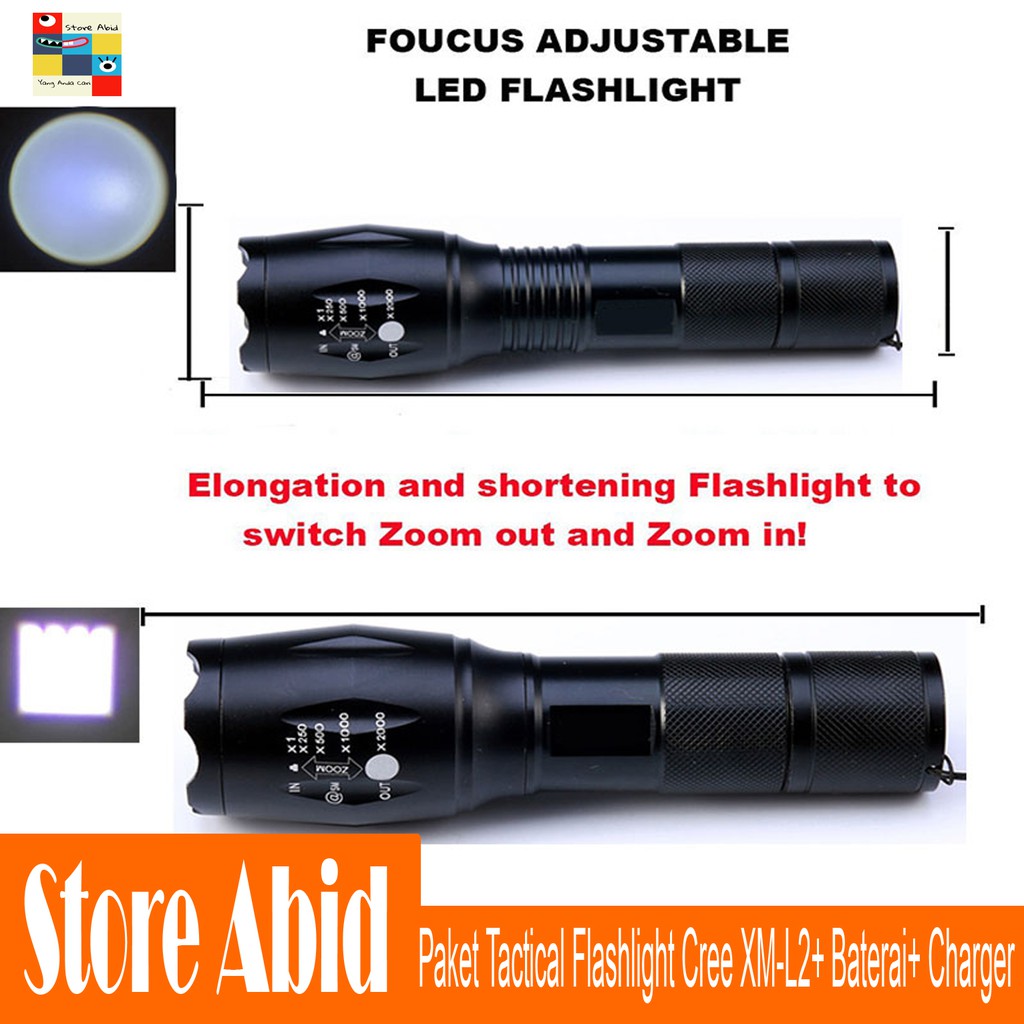 PAKET Senter LED Tactical Flashlight Cree XM-L2 8000 Lumens + Baterai 18650 + Charger - E17