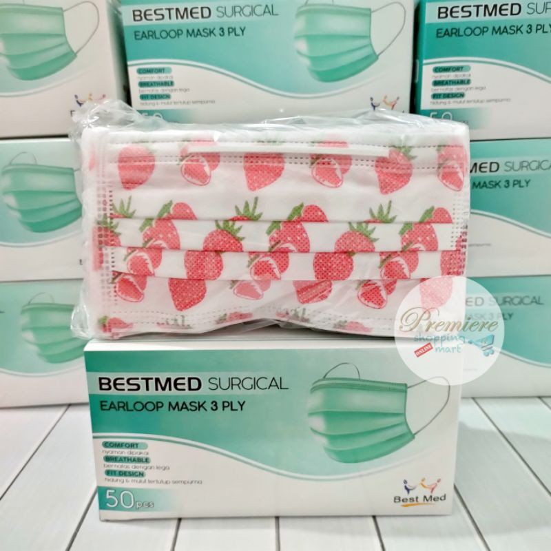 READY Masker Earloop BestMed 3 Ply - Medis Headloop Best Med Box isi 50 pcs-STRAWBERRY