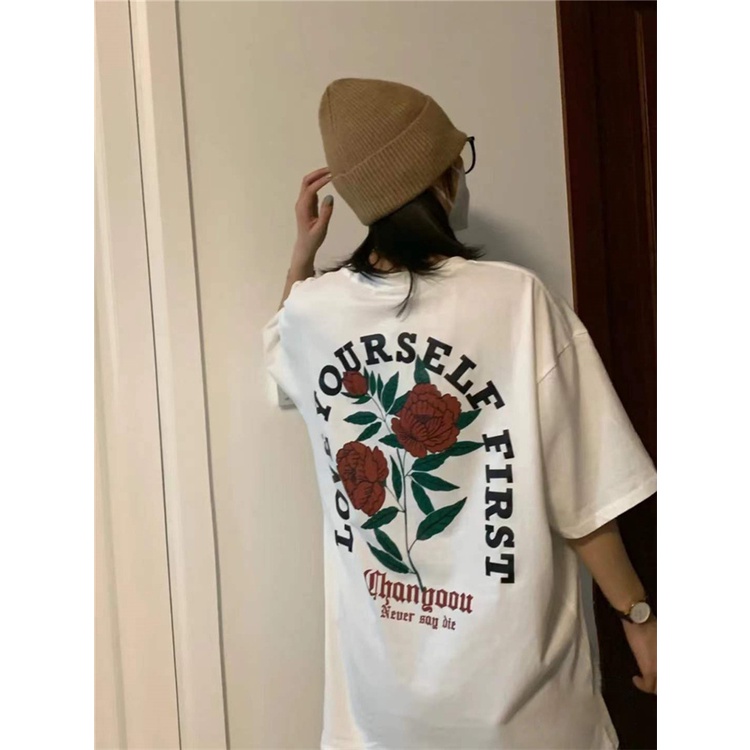 baju wanita kaos rose flower graphic printing t shirt oversize lengan pendek kaos putih