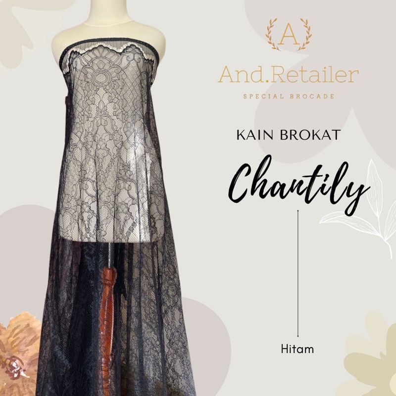 Bahan Brukat Semi Prancis Panel Lace Chantily Shantily warna Hitam Black Bahan Kebaya Bali