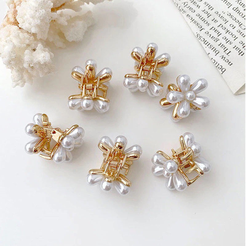 Jepit Rambut Korea Elegan Motif Mutiara Bunga Daisy Jepit Poni Ornamen Aksesoris Rambut Jedai Mini Hair Claw Clips