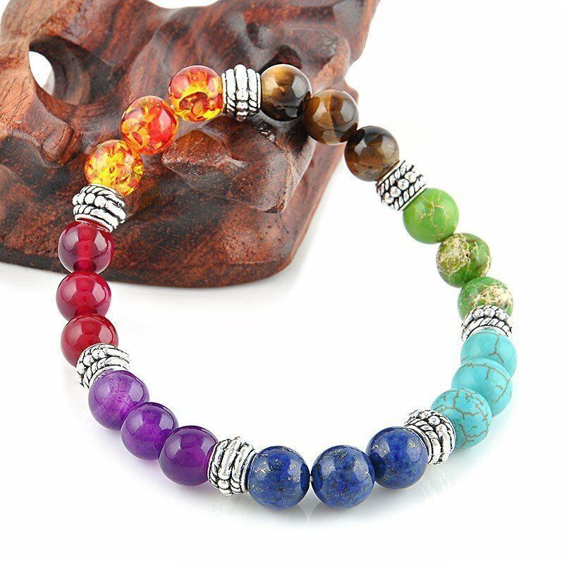 Unisex 7 Chakra Natural  Stone Beads Bracelet / Stress Relief Healing Chakra Yoga Bracelet /  Colourful  Lucky Prayer Beaded Bracelet