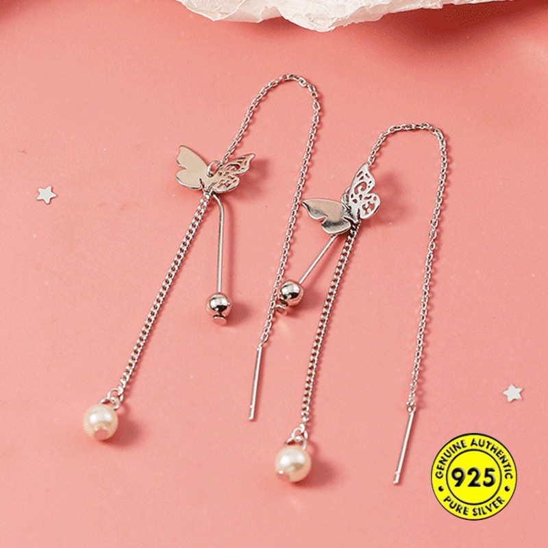 Anting Tusuk Gantung Bahan Sterling Silver 925 Desain Kupukupurumbai Hias Mutiara Untuk Wanita