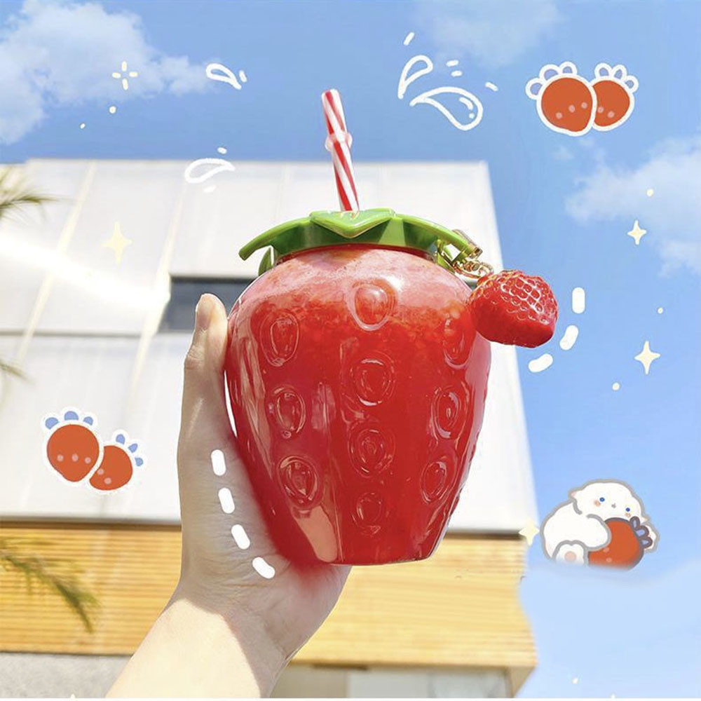 Botol Minum Susu Teh Bahan Plastik Motif Strawberry Dengan Sedotan Untuk Wanita