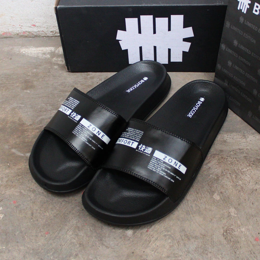 Sendal Selop Casual Pria BOYSCODE Original Comfort Zone Hitam Fullblack / Sendal Slide Pria / Sendal Slip On Pria