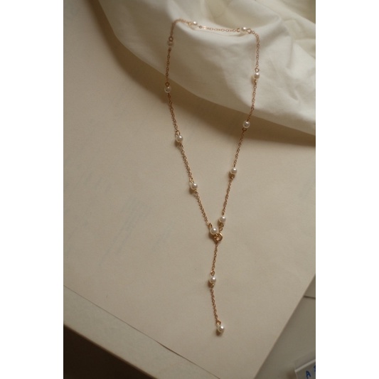 Ark.co - Versary necklace (pearl &amp; gold beads&amp; flower) kalung Y lariat mutiara bunga putih simple minimalis