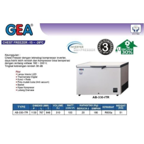 GEA Chest Freezer 310 Liter Inverter Box Freezer 100 Watt AB-330-ITR