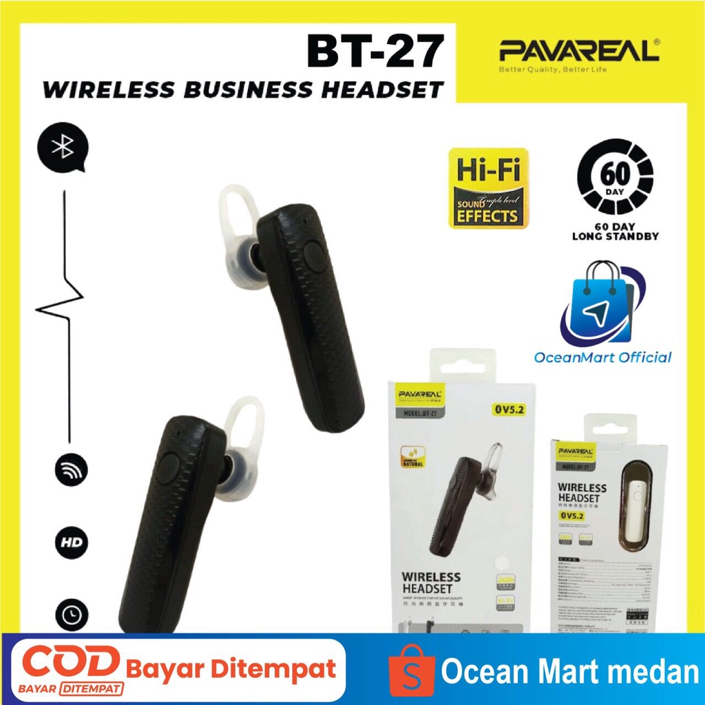 Pavareal Headset Wireless Bluetooth BT27 Earphone Handsfree TWS V5.0 Aksesoris Handphone HP OCEANMART OCEAN MART Murah Grosir