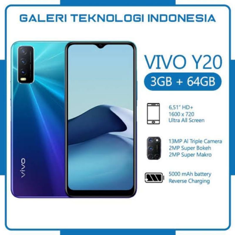 HP VIVO Y20 3/64 GB [ GARANSI RESMI + NEW + ORIGINAL + HP SUDAH DI AKTIVASI ]