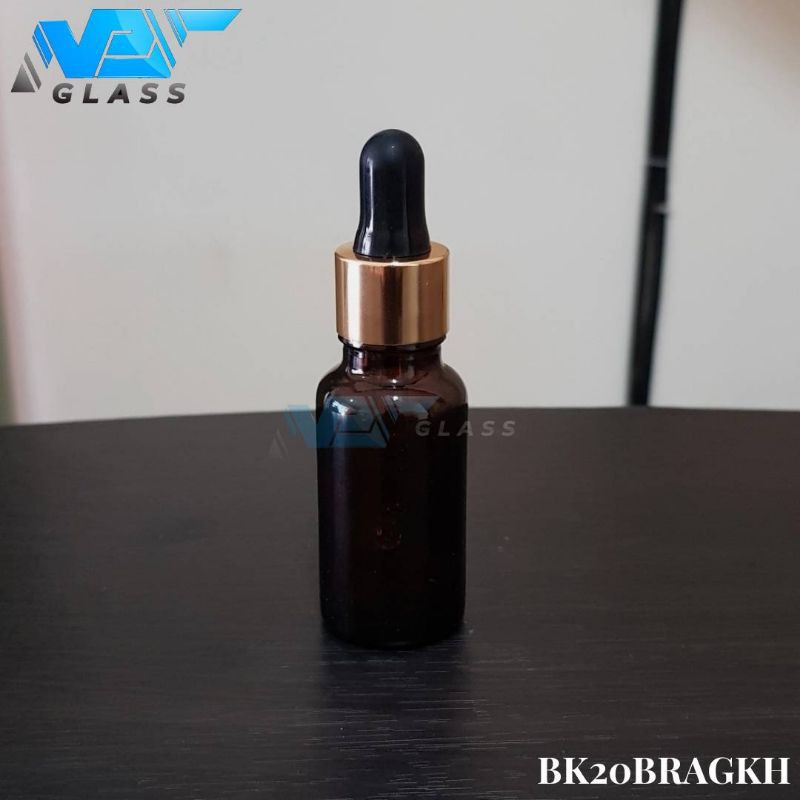 botol kaca pipet 20ml amber / coklat tebal - ring almunium gold