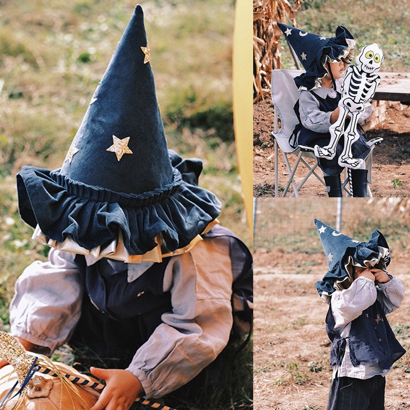 Topi Penyihir Desain Bintang Dan Bulan Warna Biru Untuk Cosplay Halloween