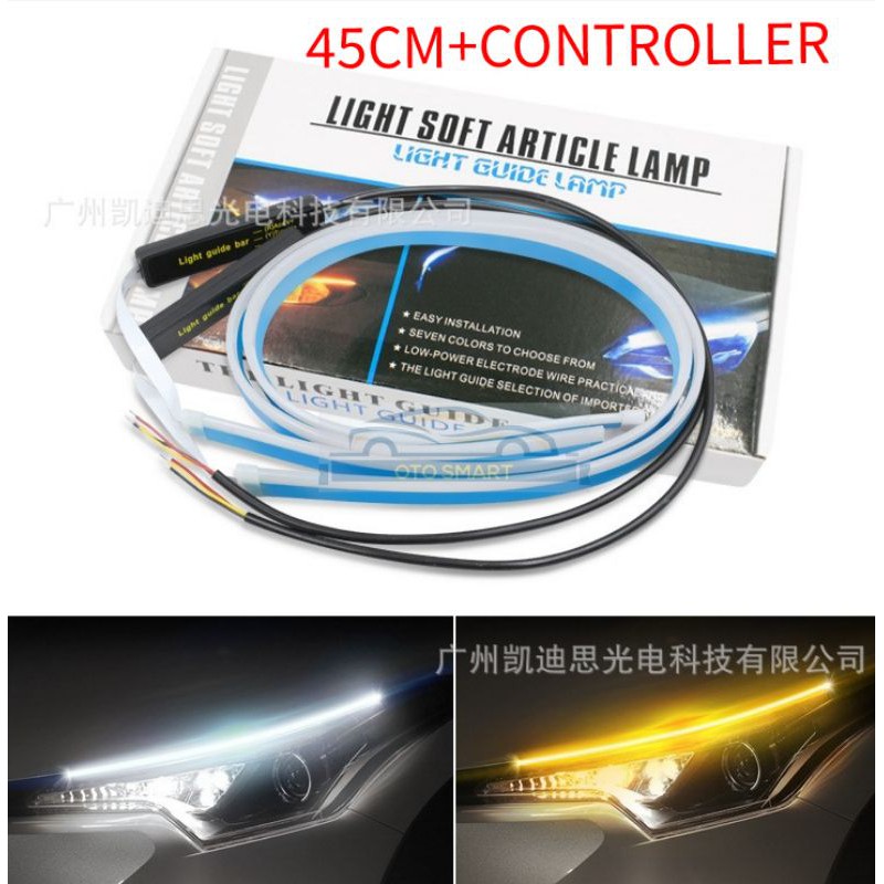 Lampu Alis LED Slim (1PCS) DRL Mobil Fleksibel Waterproof 45CM 2 Warna Runing +adaptor Controller