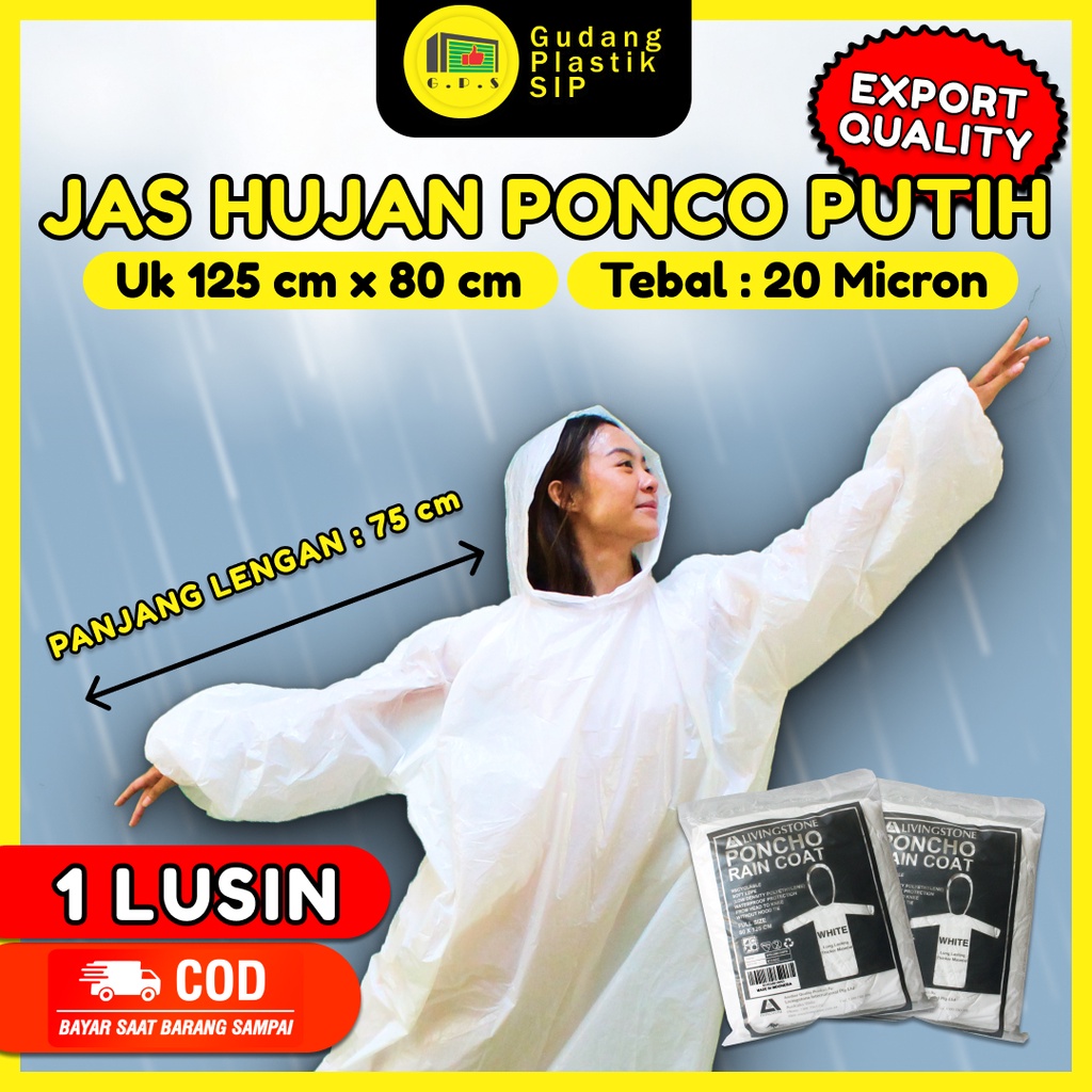 Jas Hujan Plastik Ponco Warna PUTIH Export Quality / Tebal (12 PCS)