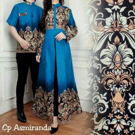 Unik aop gamis couple batik ASMIRANDAH BIRU cp maxi  baju pakaian pasangan Diskon