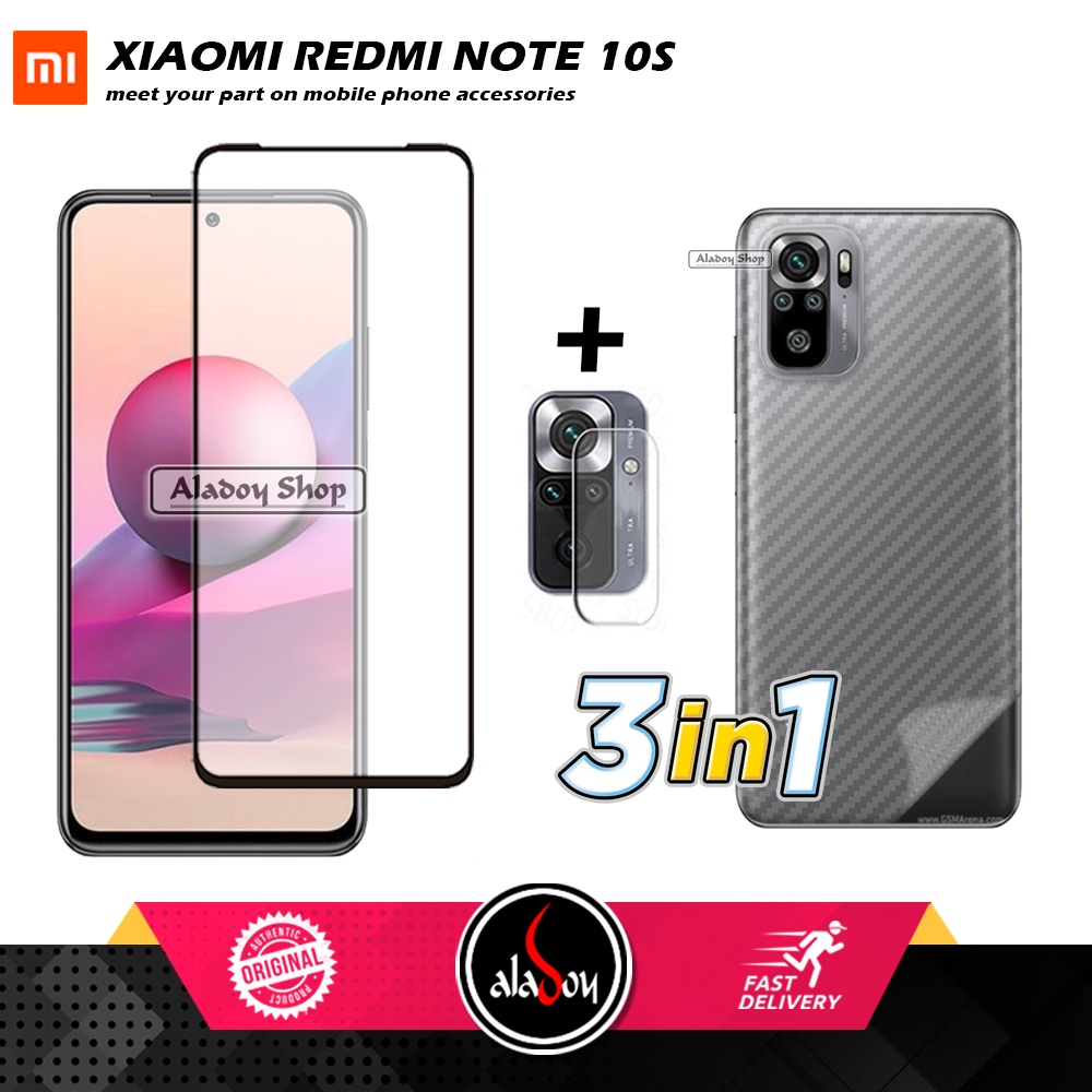 PAKET 3 IN 1 Tempered Glass Layar Xiaomi Redmi Note 10S Free Tempered Glass Camera dan Skin Carbon