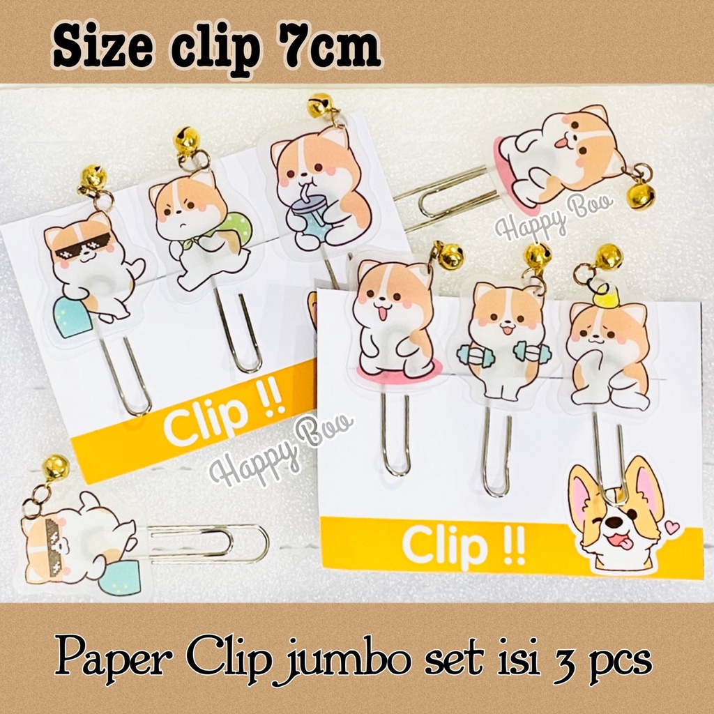 Paper clip jumbo 7cm set 3 pcs doggy lonceng shiba inu lucu cute penjepit klip kertas pembatas buku