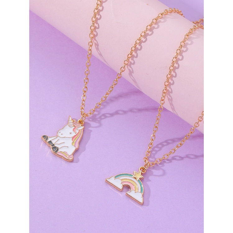 2pcs / Set Kalung Rantai Liontin Hati Motif Unicorn Untuk Sahabat