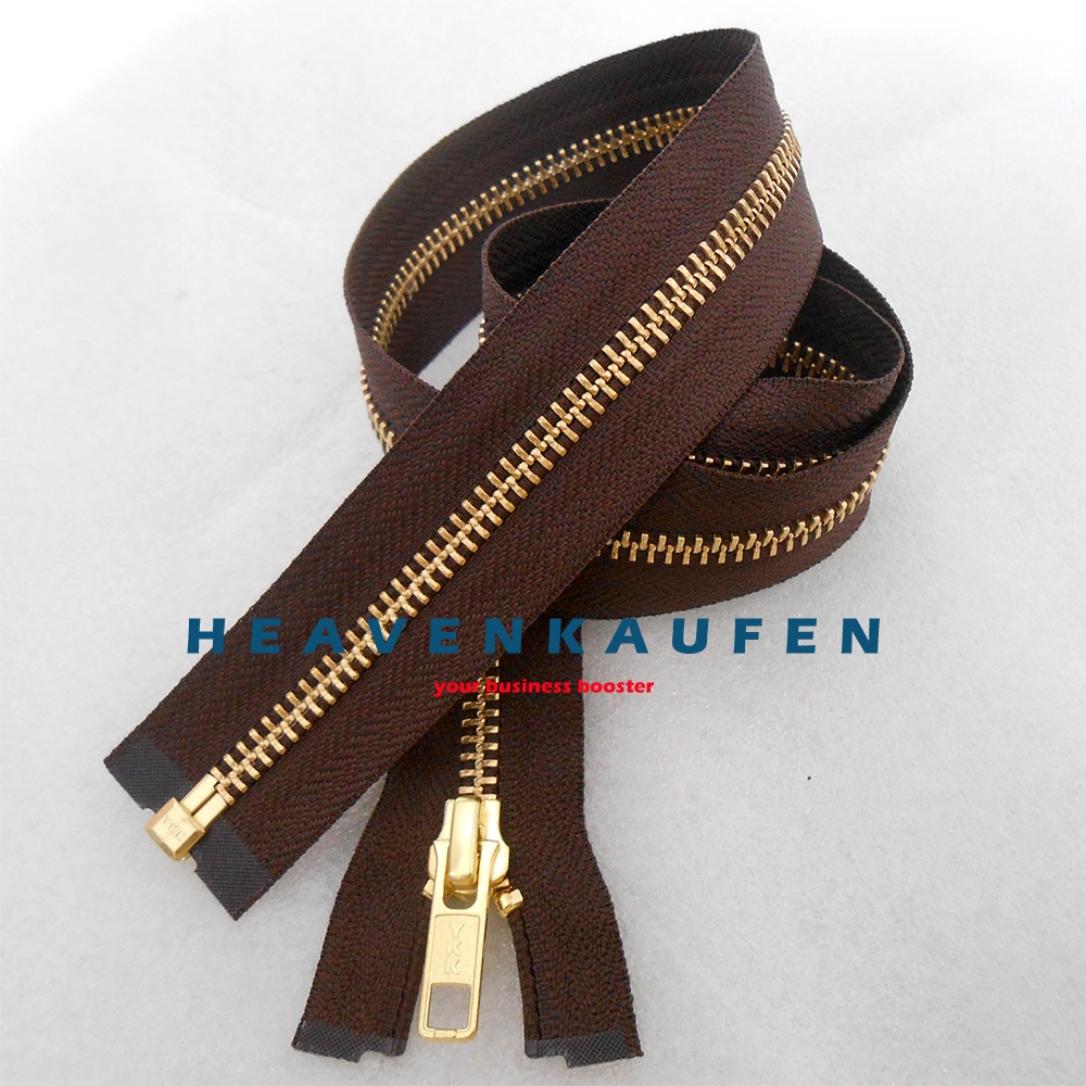 Resleting Zipper Jaket YKK 65 cm Atau 26 inch Warna Coklat - Gold Emas Type Gigi Besi Set Open-End Buka-Lepas