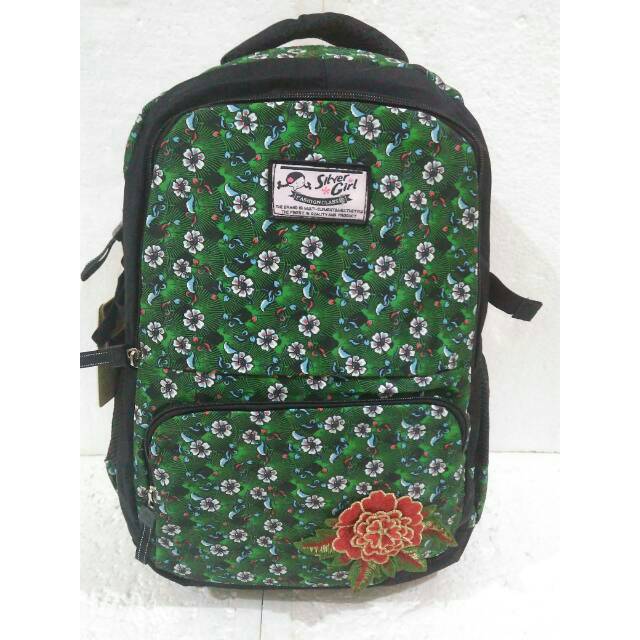 Tas ransel sekolah silver girl hijau hitam motif bunga laptop ori