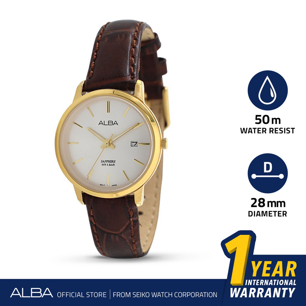 Alba Prestige Jam Tangan Wanita AH7R58 / AH7R58X1 Quartz White Dial Dark Brown Genuine Leather Strap