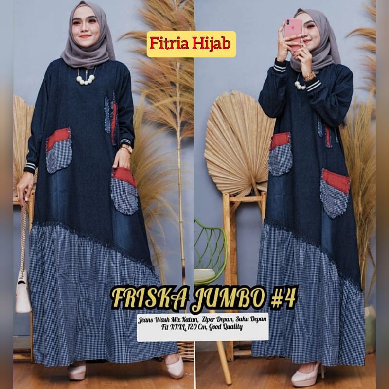 friska gamis jeans jumbo motif kombinasi ld.120 by fitria