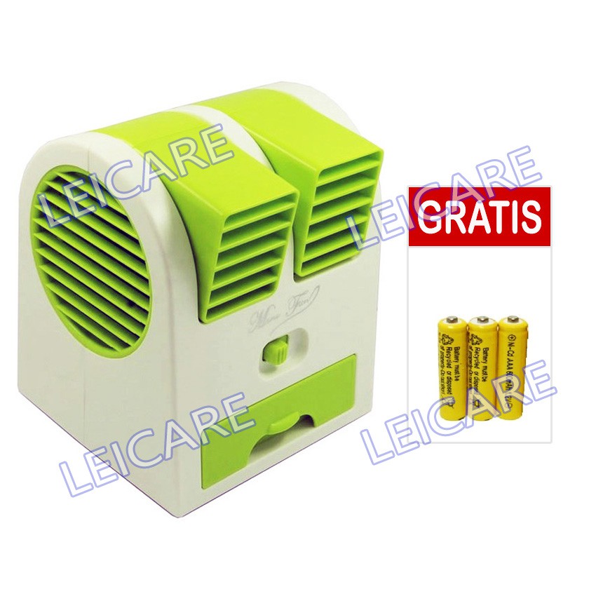Mini AC 2 Blower Cooling Fan Double Blower Portable Bonus Baterai - Hijau