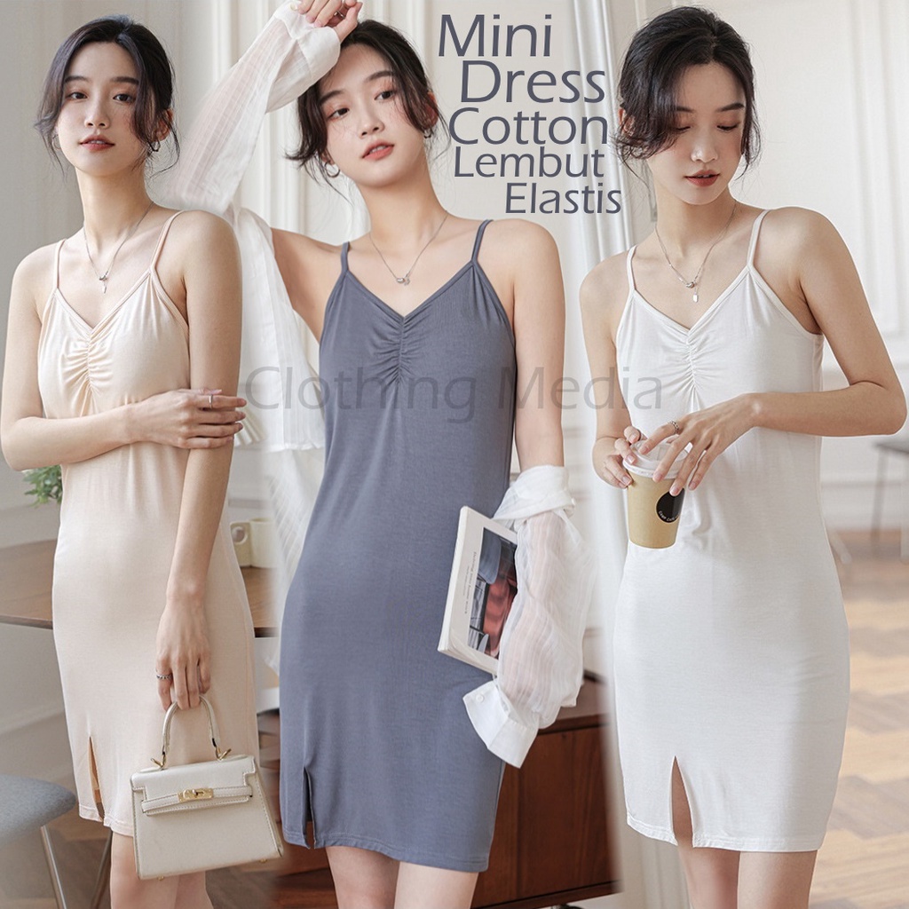 Mini Dress Wanita Simpel Bahan Katun Tipis Elastis Lembut Baju Rumah Santai