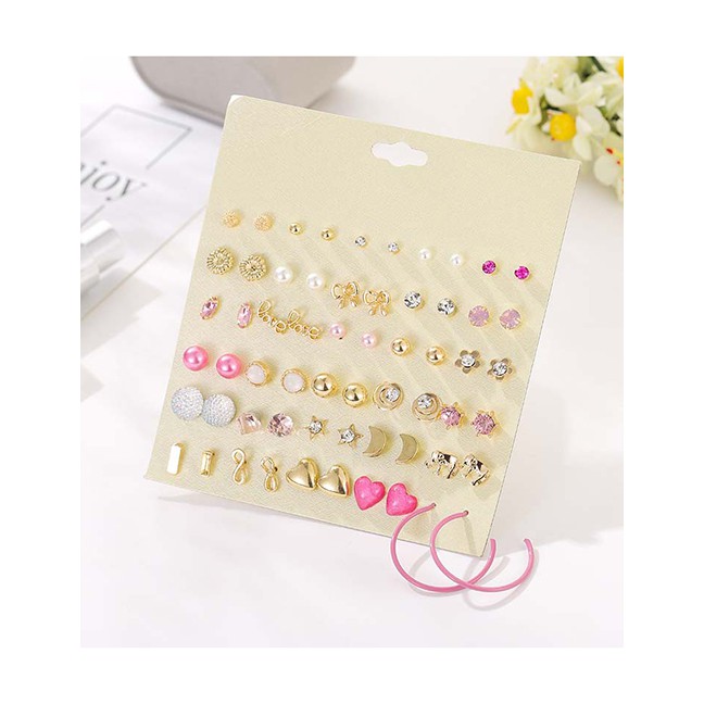 LRC Anting set Fashion Pink Elephant Star Moon Earring Set With Diamond Love Bow D76894