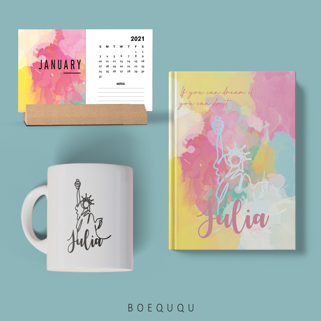 

WFH PAKET 3 IN 1 / Dream Travel / Custom Cover Buku Request Desain / Custom Nama di Notebook / WFH / Buku Agenda Set Kado / MUG Calendar Set / Hampers Natal dan Tahun Baru