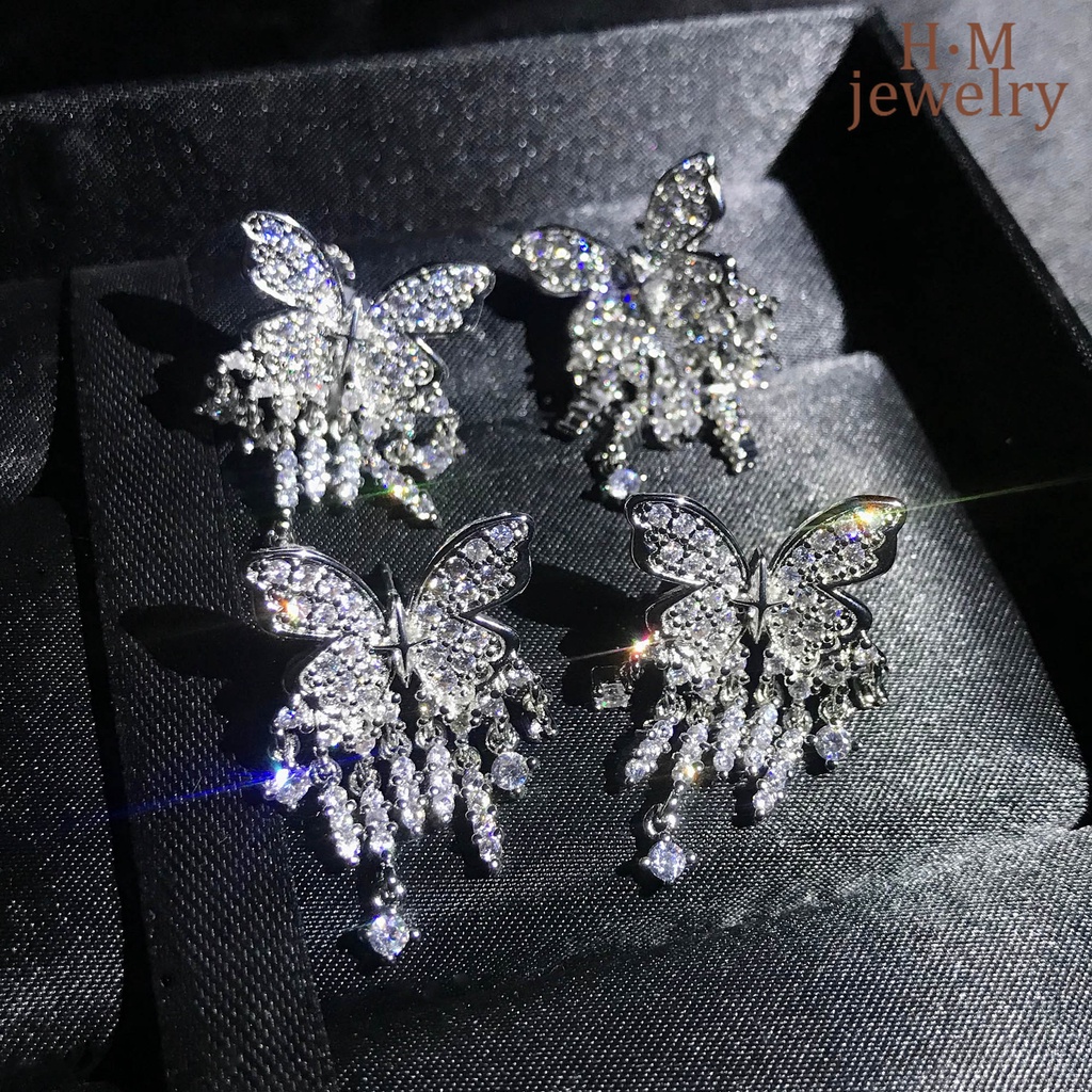 Anting Tusuk Gantung Sterling Silver 925 Desain Kupu-Kupu Hias Berlian Untuk Wanita Butterfly