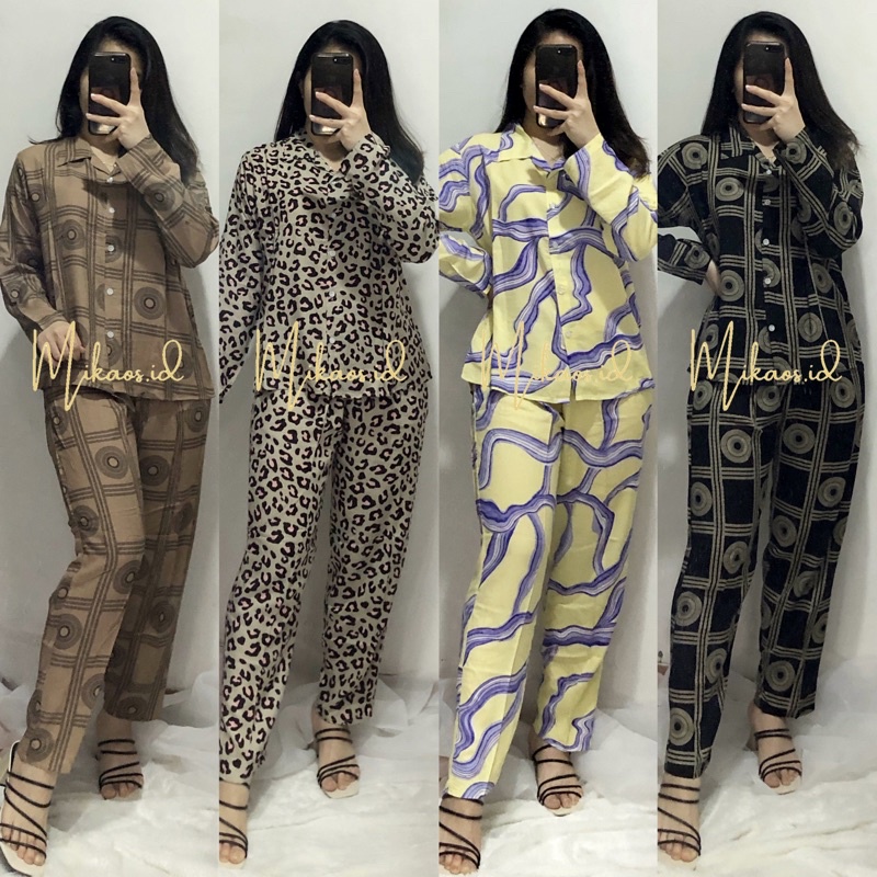 Mikaos Piyama Rayon Set Panjang Premium | Baju Tidur Rayon Set | Piyama Oneset | Oneset Piyama