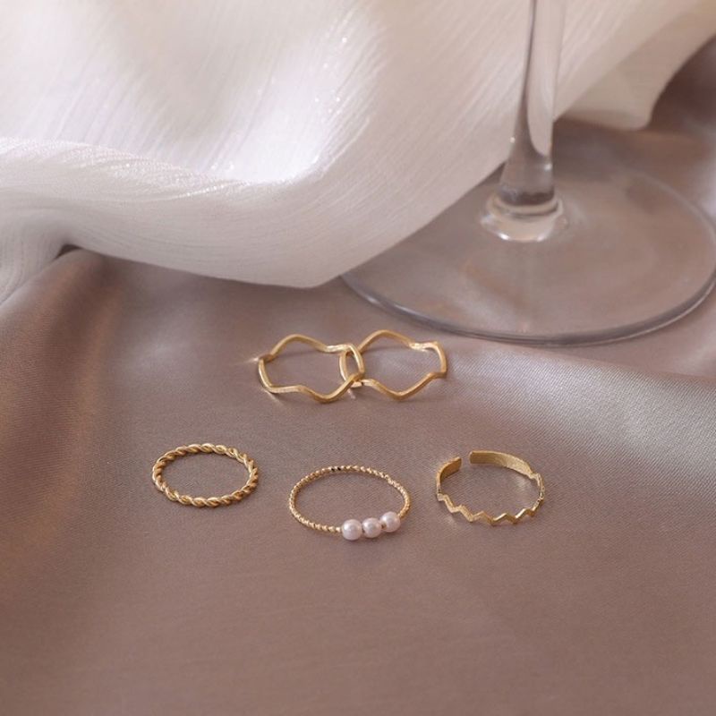 Set (isi 5 buah) Cincin Ring Mutiara Alloy Geometri Aneka Bentuk Korean Pearl Ring Korea