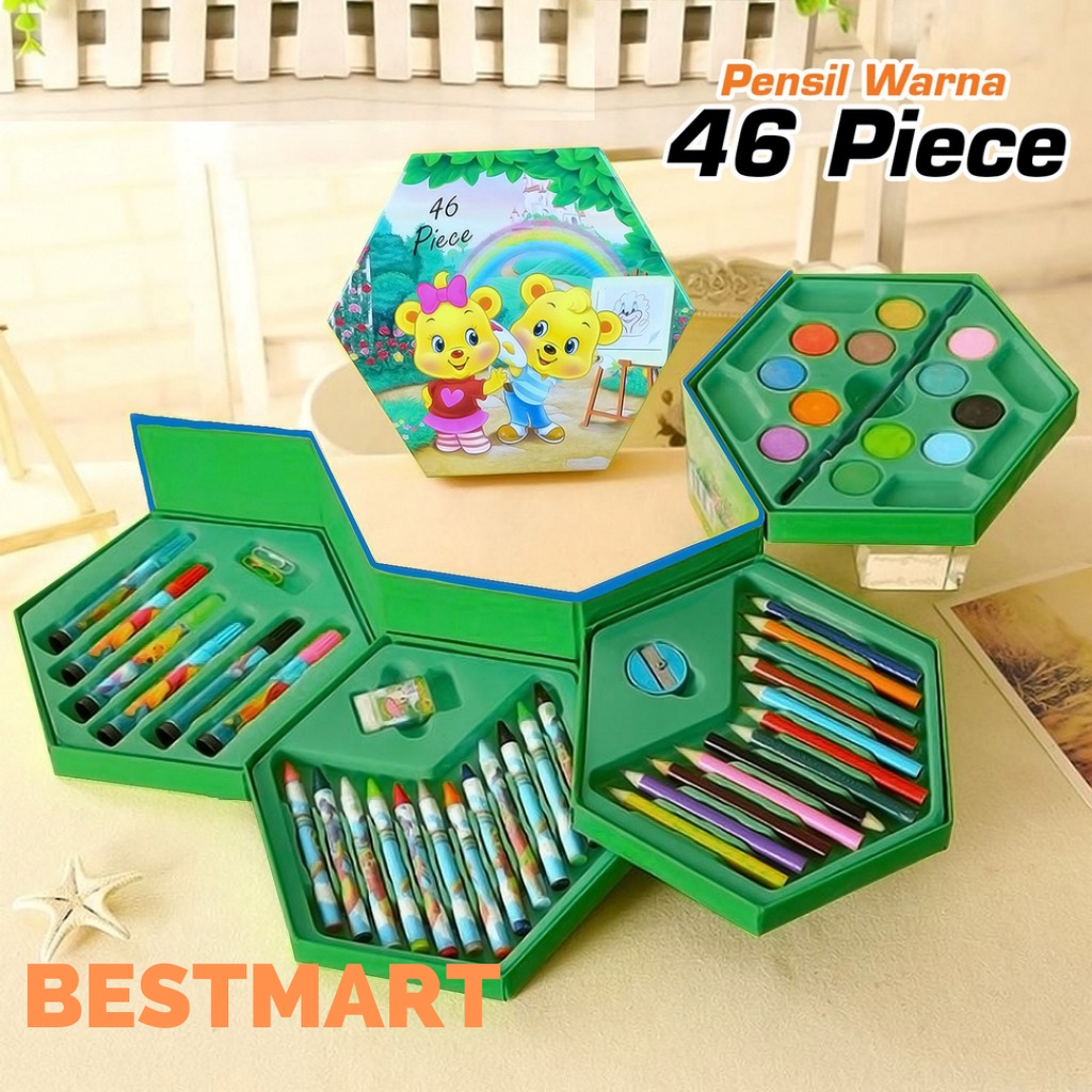 Crayon Set 4 Susun Pensil Warna isi 46 Pcs Cat Air Spidol Alat gambar