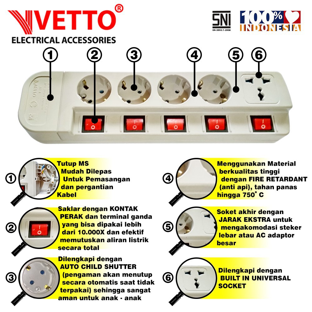 VETTO MS5 Stop Kontak 5 lubang SNI - 5 Meter