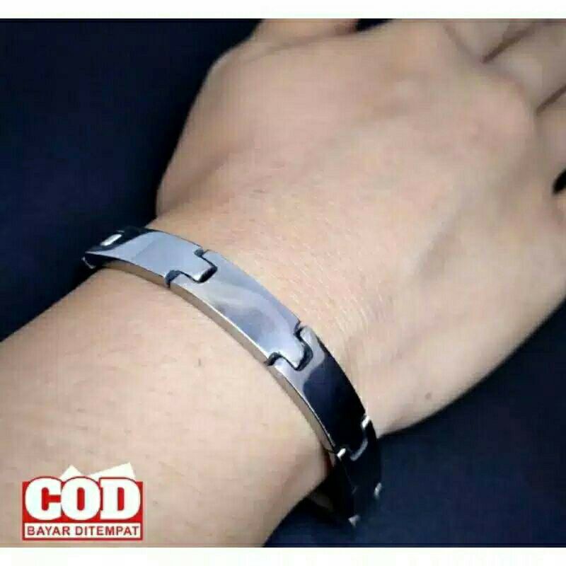 Gelang pria keren model plat baja putih anti karat selamanya