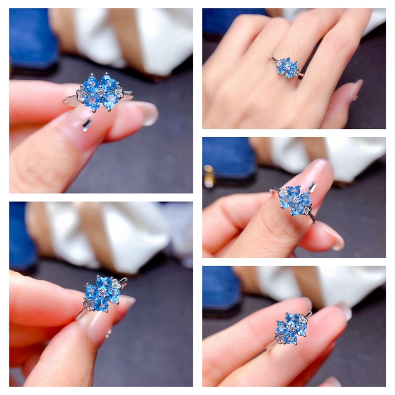 Fancyqube Cincin Sterling Silver 925 Model Terbuka Desain Daun Clover Hias Topaz Biru Untuk Wanita